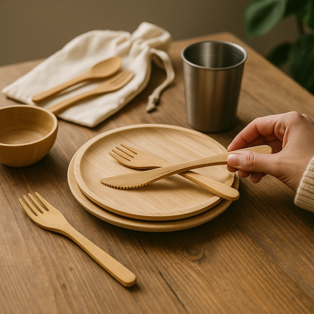 Herbruikbaar servies van bamboe met RVS beker en stoffen zakje op houten tafel, als duurzaam alternatief voor wegwerpservies duurzaam servies.