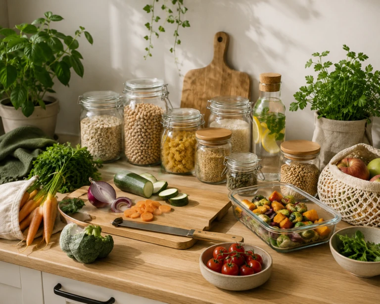 Zero waste koken met verse groenten, glazen voorraadpotten en duurzame voedselopslag in de keuken.