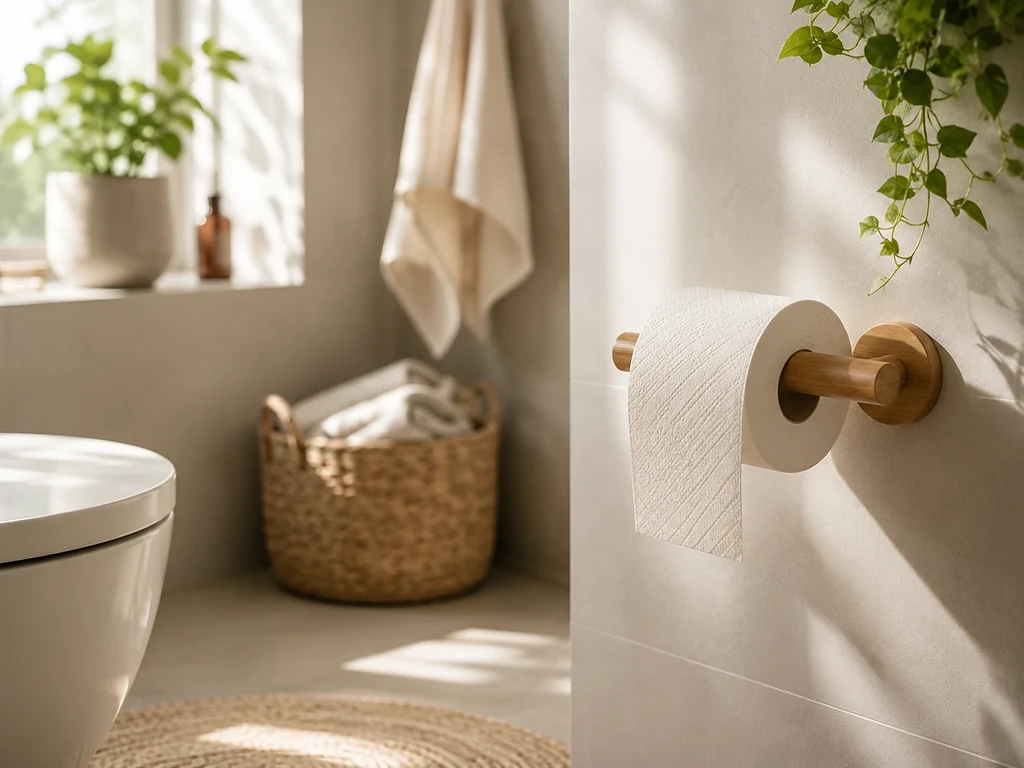 Duurzaam wc-papier in een lichte badkamer met natuurlijke materialen en planten.