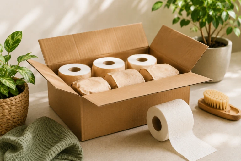 Duurzaam toiletpapier abonnement met thuisbezorgde voorraad toiletrollen.