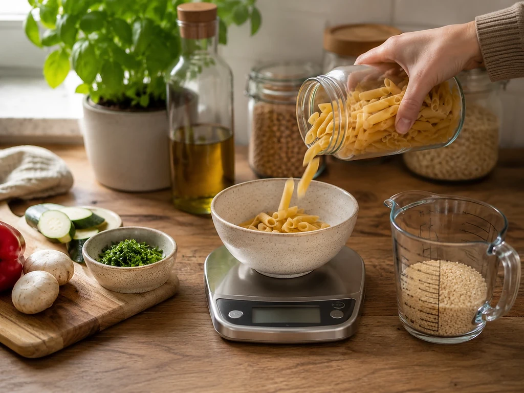 Pasta afwegen met een keukenweegschaal en maatbeker om voedselverspilling te voorkomen bij zero waste koken