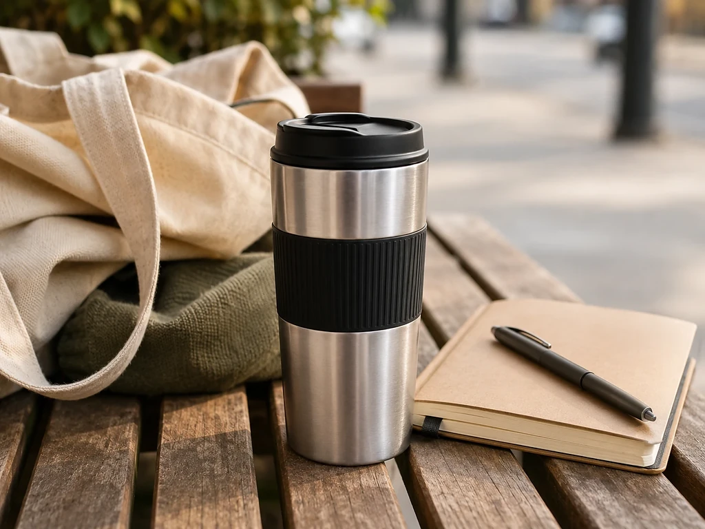 Herbruikbare RVS koffiebeker naast een katoenen tas en notitieboek voor duurzaam onderweg