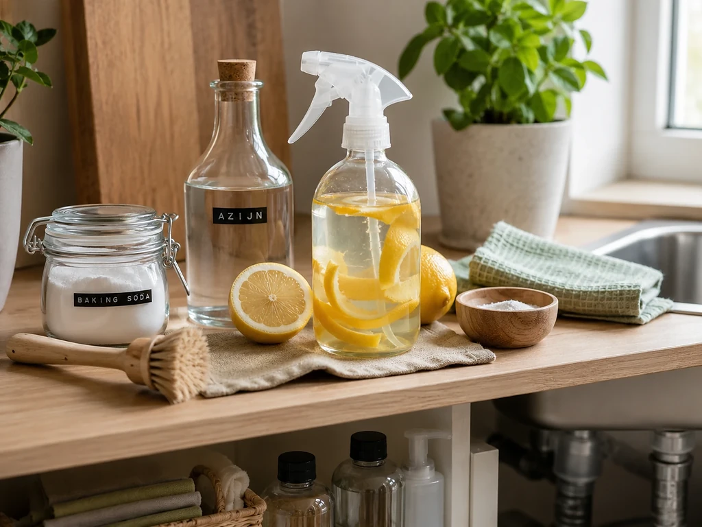 Hervulbare sprayfles met citroenschillen, azijn en baking soda voor natuurlijk schoonmaken in een zero waste keuken