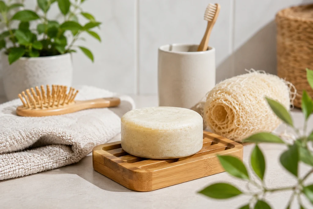 Shampoo bar op houten zeepbakje in een lichte zero waste badkamer zonder plastic verpakkingen