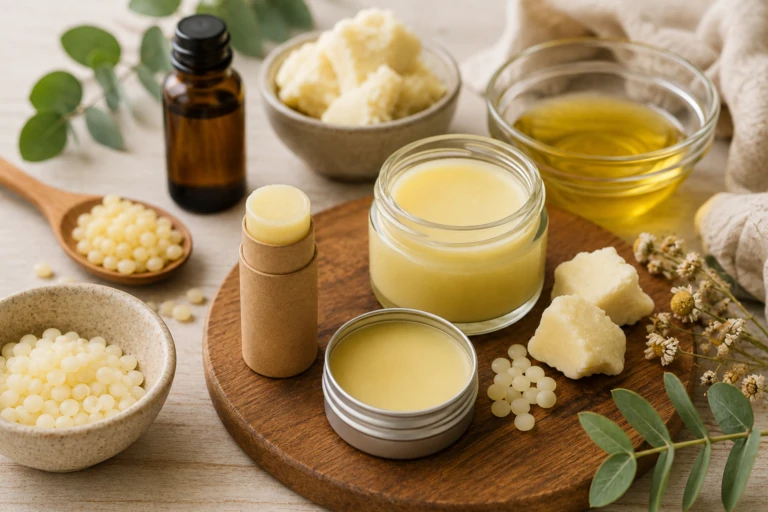 Zelf lippenbalsem maken met natuurlijke ingrediënten zoals bijenwas, sheaboter en plantaardige olie